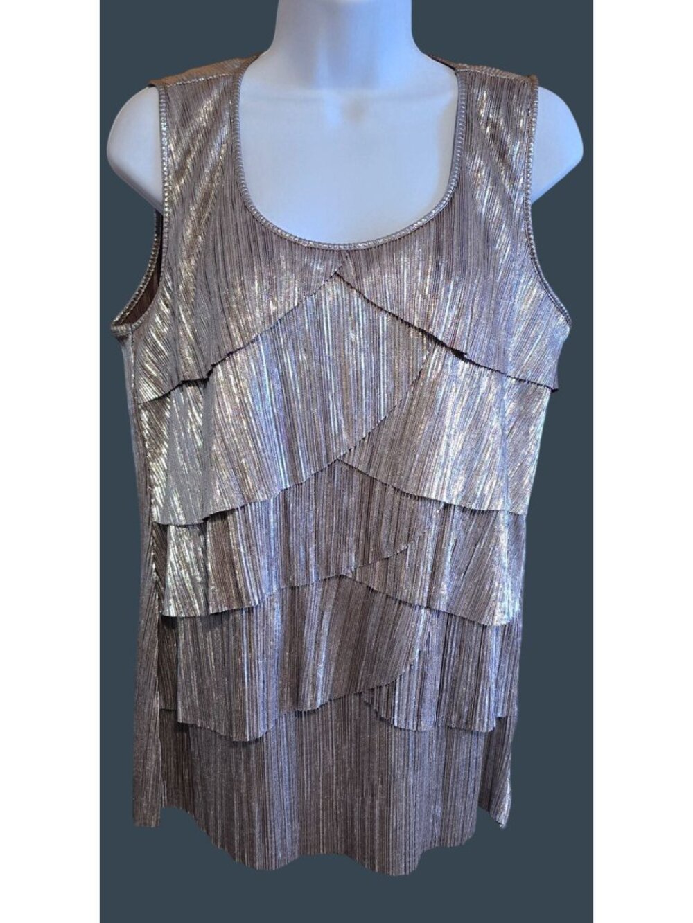Shiny Metallic Tiered Sleeveless blouse Sparkly Glam Look coquette romance